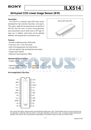 ILX514 datasheet - 3918-pixel CCD Linear Image Sensor (B/W)