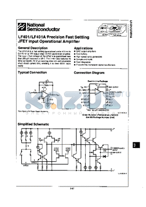 LF401 datasheet - PRECISION FAST SETTLING JFET INPUT OPERATIONAL AMPLIFIER