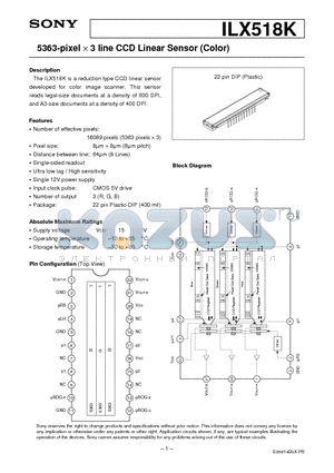 ILX518 datasheet - 5363-pixel X 3 line CCD Linear Sensor (Color)