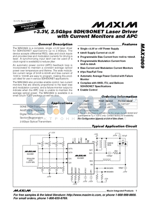 MAX3869 datasheet - 3.3V, 2.5Gbps SDH/SONET Laser Driver with Current Monitors and APC