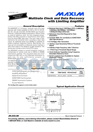 MAX3872 datasheet - Multirate Clock and Data Recovery with Limiting Amplifier