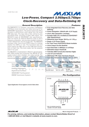MAX3873 datasheet - Low-Power, Compact 2.5Gbps/2.7Gbps Clock-Recovery and Data-Retiming IC