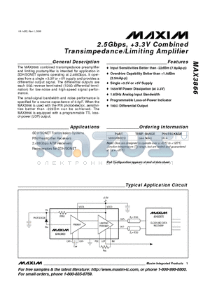 MAX3866 datasheet - 2.5Gbps, 3.3V Combined Transimpedance/Limiting Amplifier