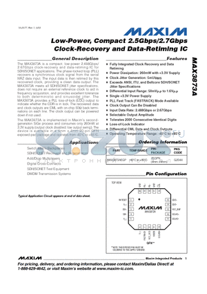 MAX3873AEGP datasheet - Low-Power, Compact 2.5Gbps/2.7Gbps Clock-Recovery and Data-Retiming IC