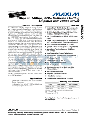 MAX3799ETJ+ datasheet - 1Gbps to 14Gbps, SFP Multirate Limiting Amplifier and VCSEL Driver