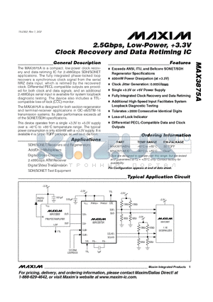 MAX3875A datasheet - 2.5Gbps, Low-Power, 3.3V Clock Recovery and Data Retiming IC