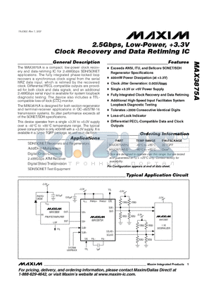 MAX3875AE/D datasheet - 2.5Gbps, Low-Power, 3.3V Clock Recovery and Data Retiming IC