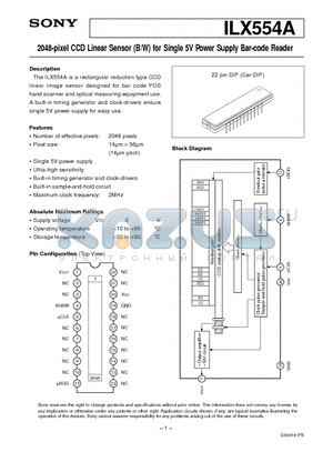 ILX554 datasheet - 2048-pixel CCD Linear Sensor (B/W) for Single 5V Power Supply Bar-code Reader