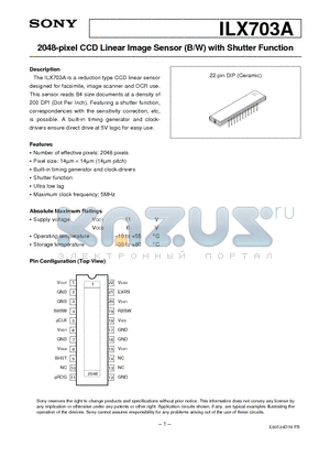ILX703A datasheet - 2048-pixel CCD Linear Image Sensor (B/W) with Shutter Function