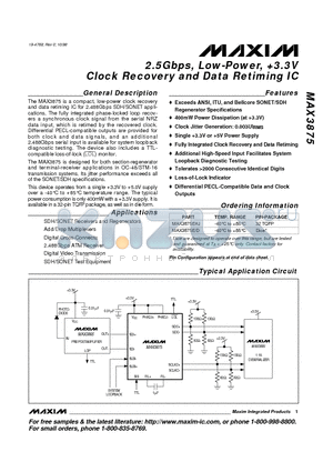 MAX3875EHJ datasheet - 2.5Gbps, Low-Power, 3.3V Clock Recovery and Data Retiming IC