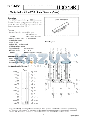 ILX718K datasheet - 5363-pixel X 3 line CCD Linear Sensor (Color)