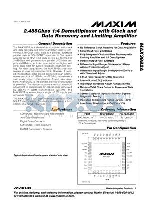 MAX3882A datasheet - 2.488Gbps 1:4 Demultiplexer with Clock and Data Recovery and Limiting Amplifier