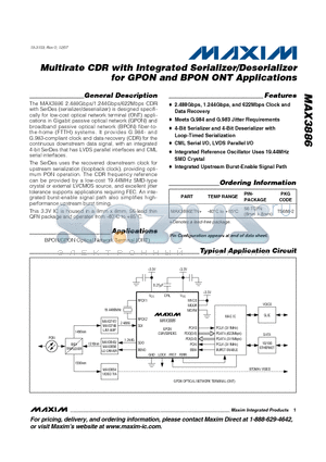 MAX3886 datasheet - Multirate CDR with Integrated Serializer/Deserializer for GPON and BPON ONT Applications
