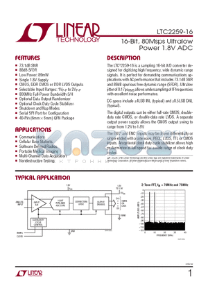 LTC2259CUJ-16PBF datasheet - 16-Bit, 80Msps Ultralow Power 1.8V ADC