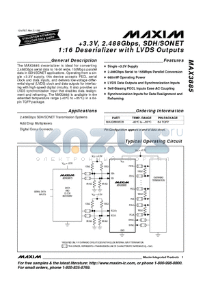 MAX3885 datasheet - 3.3V, 2.488Gbps, SDH/SONET 1:16 Deserializer with LVDS Outputs