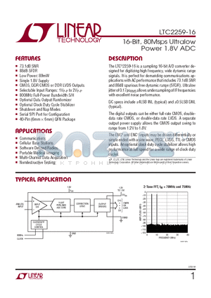 LTC2259CUJ-16TRPBF datasheet - 16-Bit, 80Msps Ultralow Power 1.8V ADC