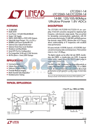 LTC2260-14 datasheet - 14-Bit, 125/105/80Msps Ultralow Power 1.8V ADCs