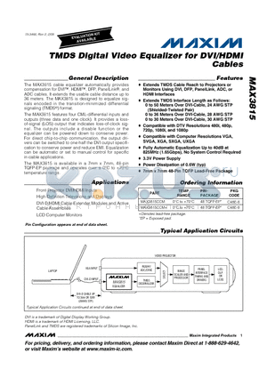 MAX3815CCM+ datasheet - TMDS Digital Video Equalizer for DVI/HDMI Cables