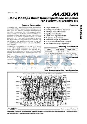 MAX3825 datasheet - 3.3V, 2.5Gbps Quad Transimpedance Amplifier for System Interconnects