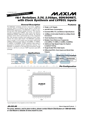 MAX3891 datasheet - 16:1 Serializer, 3.3V, 2.5Gbps, SDH/SONET with Clock Synthesis and LVPECL Inputs