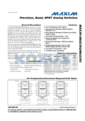 MAX391CGE datasheet - Precision, Quad, SPST Analog Switches