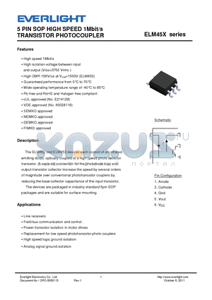 ELM453 datasheet - 5 PIN SOP HIGH SPEED 1Mbit/s