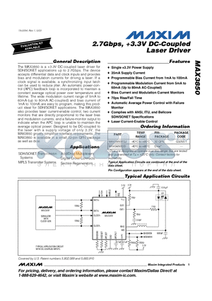 MAX3850D datasheet - 2.7Gbps, 3.3V DC-Coupled Laser Driver
