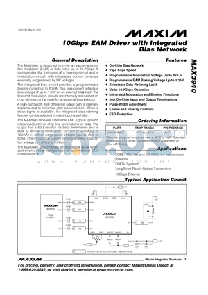 MAX3940E/D datasheet - 10Gbps EAM Driver with Integrated Bias Network