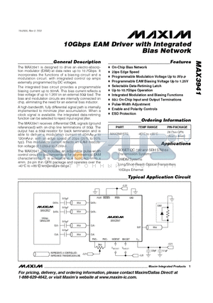 MAX3941 datasheet - 10Gbps EAM Driver with Integrated Bias Network