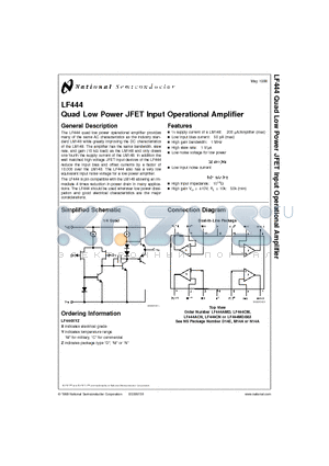 LF444CN datasheet - Quad Low Power JFET Input Operational Amplifier