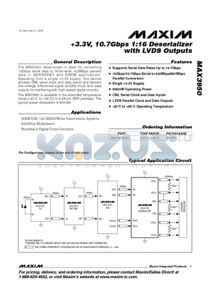 MAX3950 datasheet - 3.3V, 10.7Gbps 1:16 Deserializer with LVDS Outputs