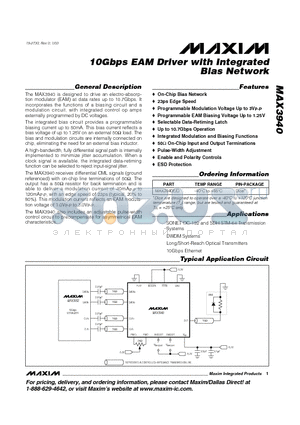 MAX3940 datasheet - 10Gbps EAM Driver with Integrated Bias Network