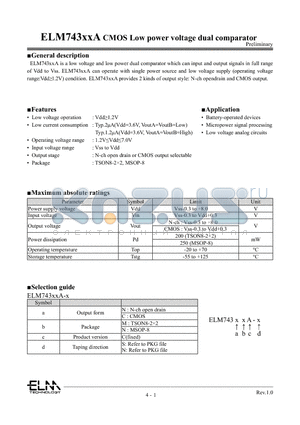 ELM743 datasheet - CMOS Low power voltage dual comparator