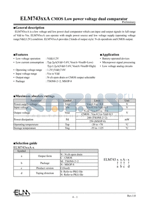 ELM743NMA-S datasheet - CMOS Low power voltage dual comparator