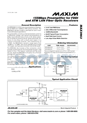 MAX3963 datasheet - 155Mbps Preamplifier for FDDI and ATM LAN Fiber Optic Receivers