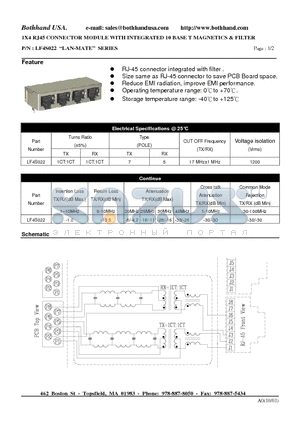 LF4S022 datasheet - 1X4 RJ45 CONNECTOR MODULE WITH INTEGRATED 10 BASE T MAGNETICS & FILTER