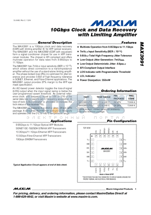 MAX3991 datasheet - 10Gbps Clock and Data Recovery with Limiting Amplifier