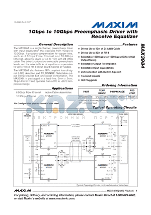 MAX3984UTE+ datasheet - 1Gbps to 10Gbps Preemphasis Driver with Receive Equalizer