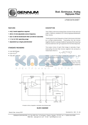 LF580 datasheet - Dual, Continuous, Analog Highpass Filter