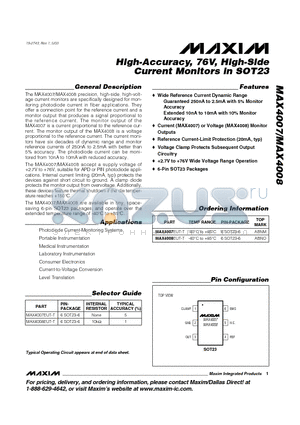 MAX4007EUT-T datasheet - High-Accuracy, 76V, High-Side Current Monitors in SOT23