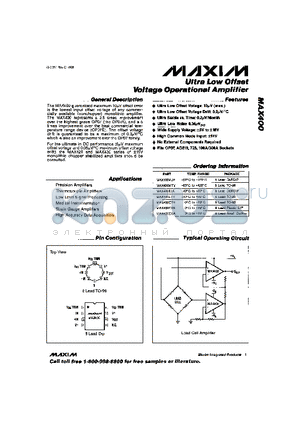 MAX400MJA datasheet - Ultra Low Offset Voltage Operational Amplifier