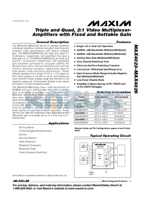 MAX4024EUD datasheet - Triple and Quad, 2:1 Video Multiplexer- Amplifiers with Fixed and Settable Gain
