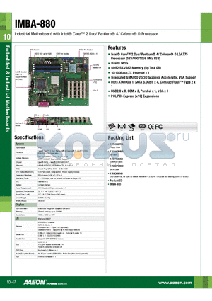 IMBA-880 datasheet - Intel^ Core 2 Duo/ Pentium^ 4/ Celeron^ D LGA775 Processor (533/800/1066 MHz FSB)