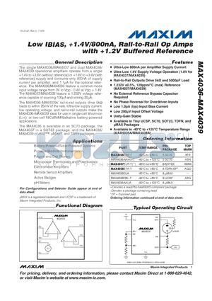 MAX4036EXK-T datasheet - Low IBIAS, 1.4V/800nA, Rail-to-Rail Op Amps with 1.2V Buffered Reference