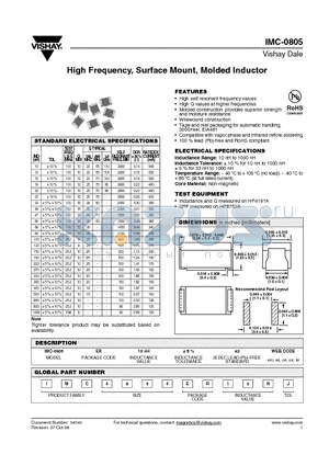 IMC-0805 datasheet - High Frequency, Surface Mount, Molded Inductor