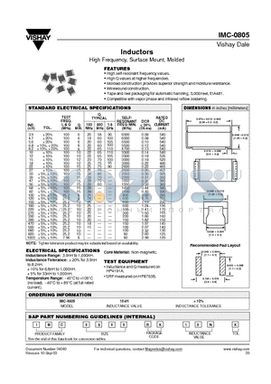 IMC-0805 datasheet - High Frequency, Surface Mount, Molded