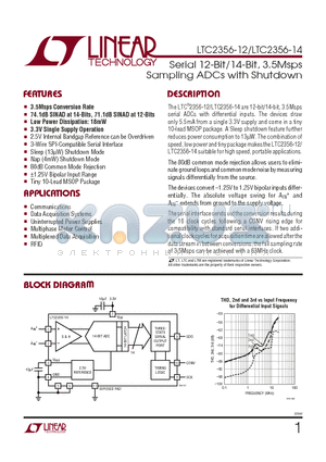 LTC2356IMSE-12 datasheet - Serial 12-Bit/14-Bit, 3.5Msps Sampling ADCs with Shutdown