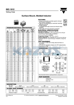 IMC-1812ER680-10 datasheet - Surface Mount, Molded Inductor