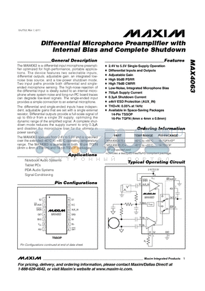 MAX4063ETE datasheet - Differential Microphone Preamplifier with Internal Bias and Complete Shutdown