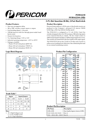 PI3B16210B datasheet - 3.3V, 20-Bit, 2-Port NanoSwitch